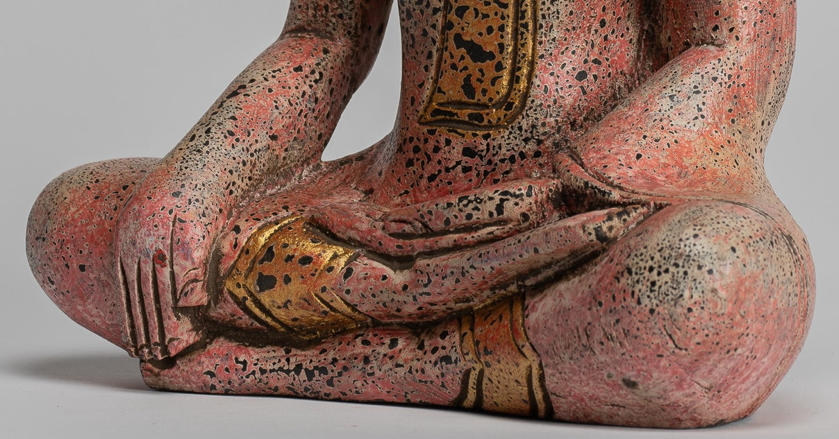 Buddha Statue - Antique Khmer Style SE Asia Seated Wood Enlightenment Buddha Statue - 27cm/11"