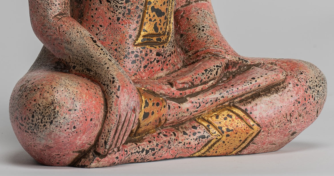 Buddha Statue - Antique Khmer Style SE Asia Seated Wood Enlightenment Buddha Statue - 27cm/11"