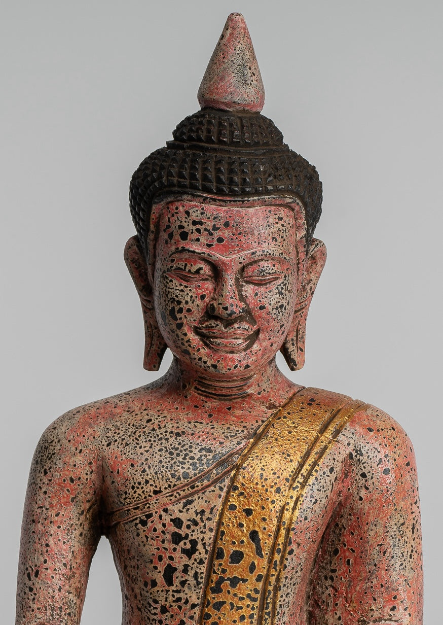 Buddha Statue - Antique Khmer Style SE Asia Seated Wood Enlightenment Buddha Statue - 27cm/11"