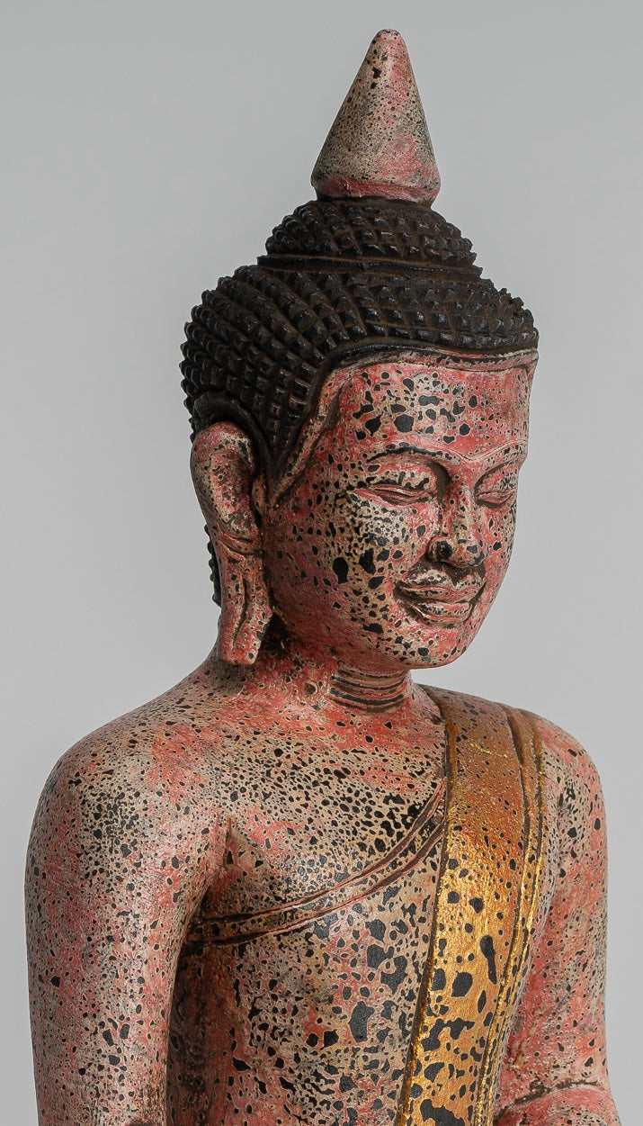 Buddha Statue - Antique Khmer Style SE Asia Seated Wood Enlightenment Buddha Statue - 27cm/11"