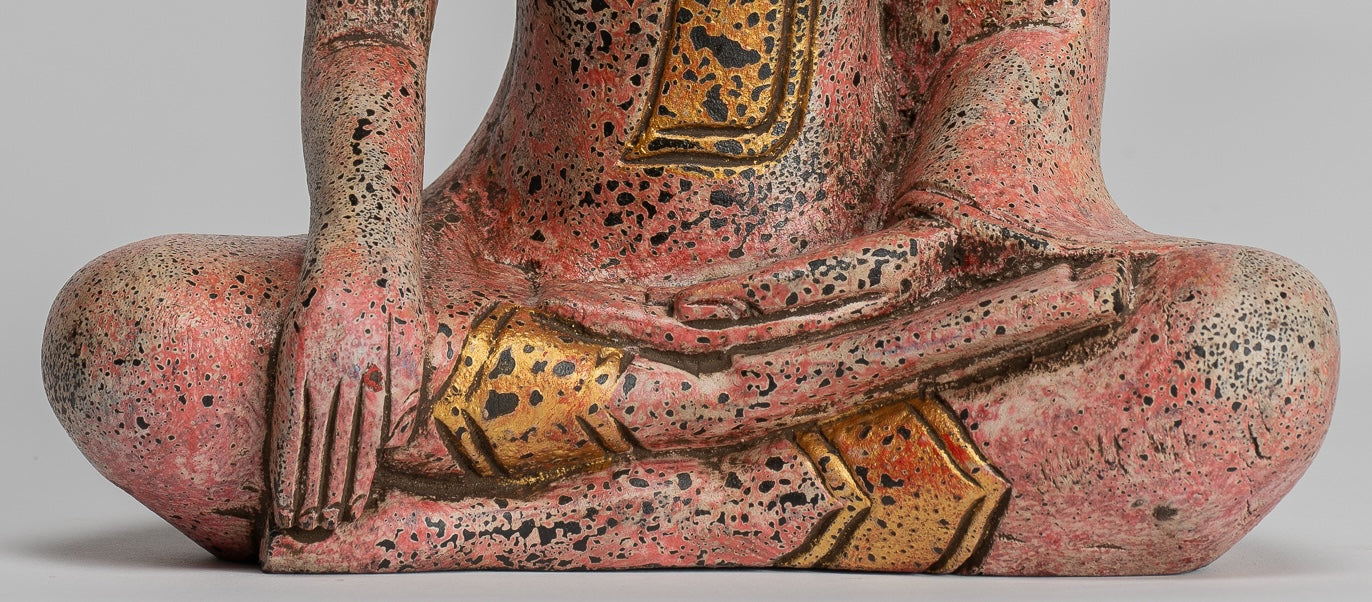 Buddha Statue - Antique Khmer Style SE Asia Seated Wood Enlightenment Buddha Statue - 27cm/11"