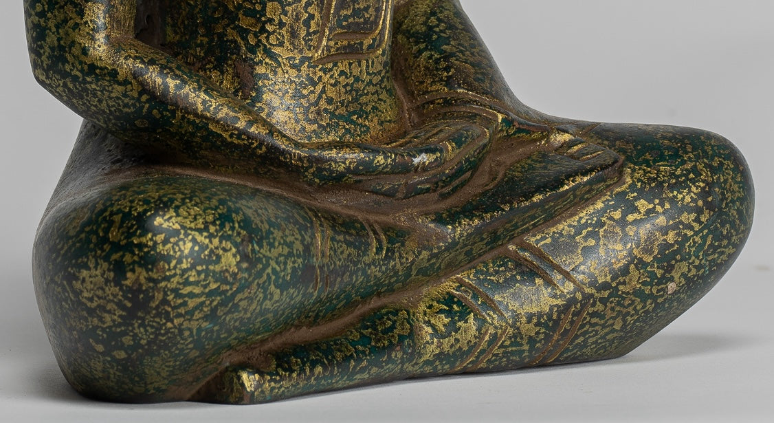 Buddha Sculpture - Antique Khmer Style Wood Seated Buddha Statue Dhyana Meditation Mudra - 28cm/11"