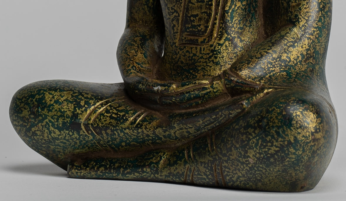 Buddha Sculpture - Antique Khmer Style Wood Seated Buddha Statue Dhyana Meditation Mudra - 28cm/11"