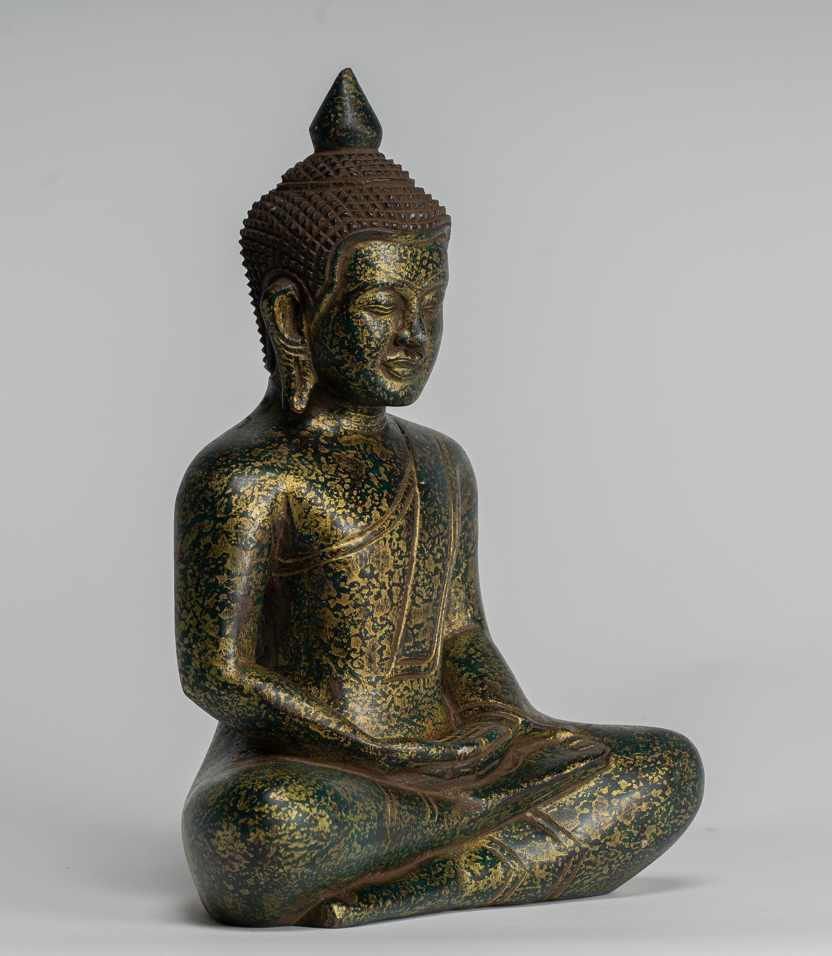 Buddha Sculpture - Antique Khmer Style Wood Seated Buddha Statue Dhyana Meditation Mudra - 28cm/11"