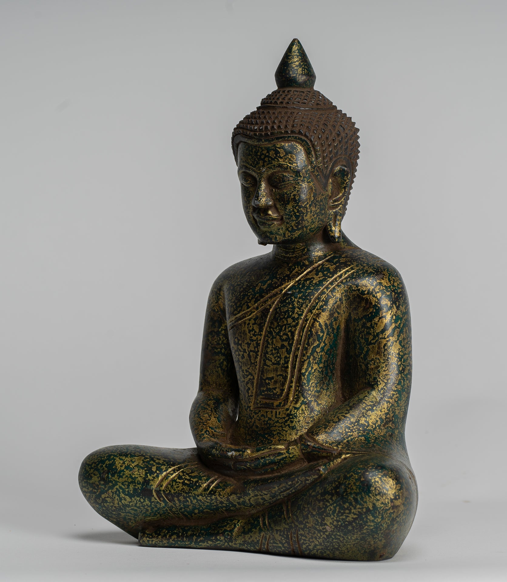 Buddha Sculpture - Antique Khmer Style Wood Seated Buddha Statue Dhyana Meditation Mudra - 28cm/11"