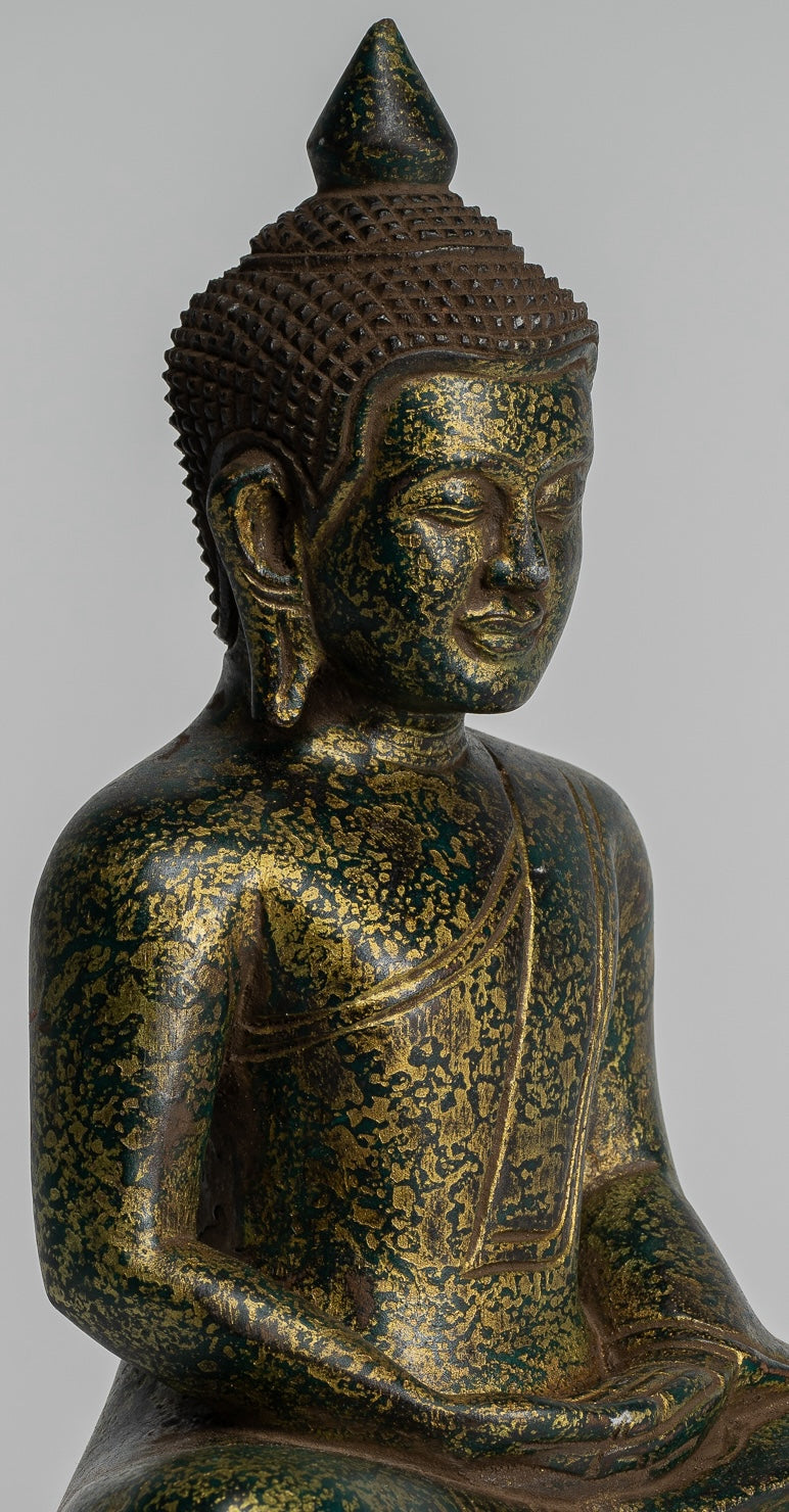Buddha Sculpture - Antique Khmer Style Wood Seated Buddha Statue Dhyana Meditation Mudra - 28cm/11"