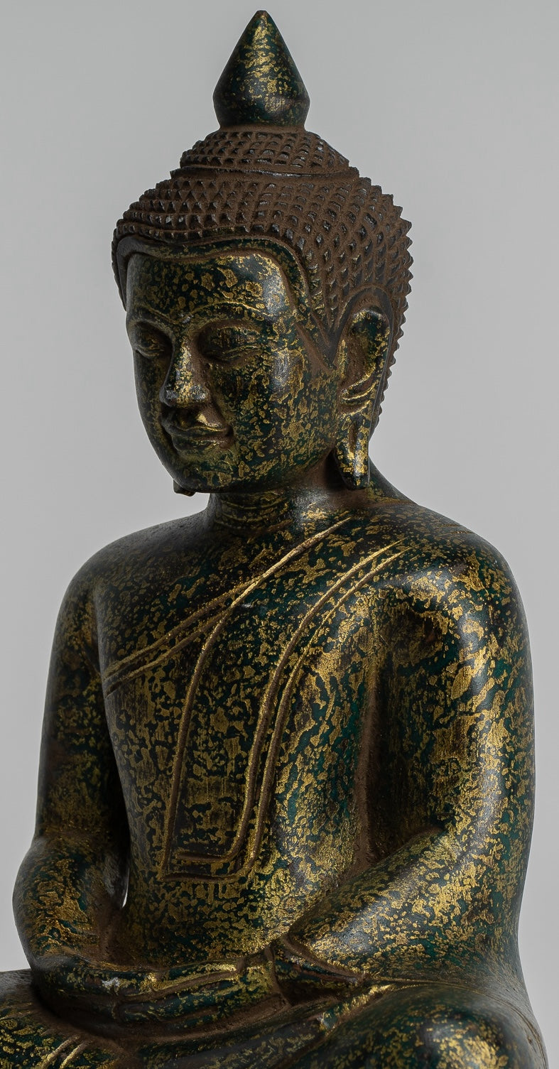 Buddha Sculpture - Antique Khmer Style Wood Seated Buddha Statue Dhyana Meditation Mudra - 28cm/11"