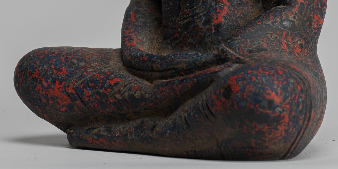 Buddha Sculpture - Antique Khmer Style Wood Seated Buddha Statue Dhyana Meditation Mudra - 21cm/8"