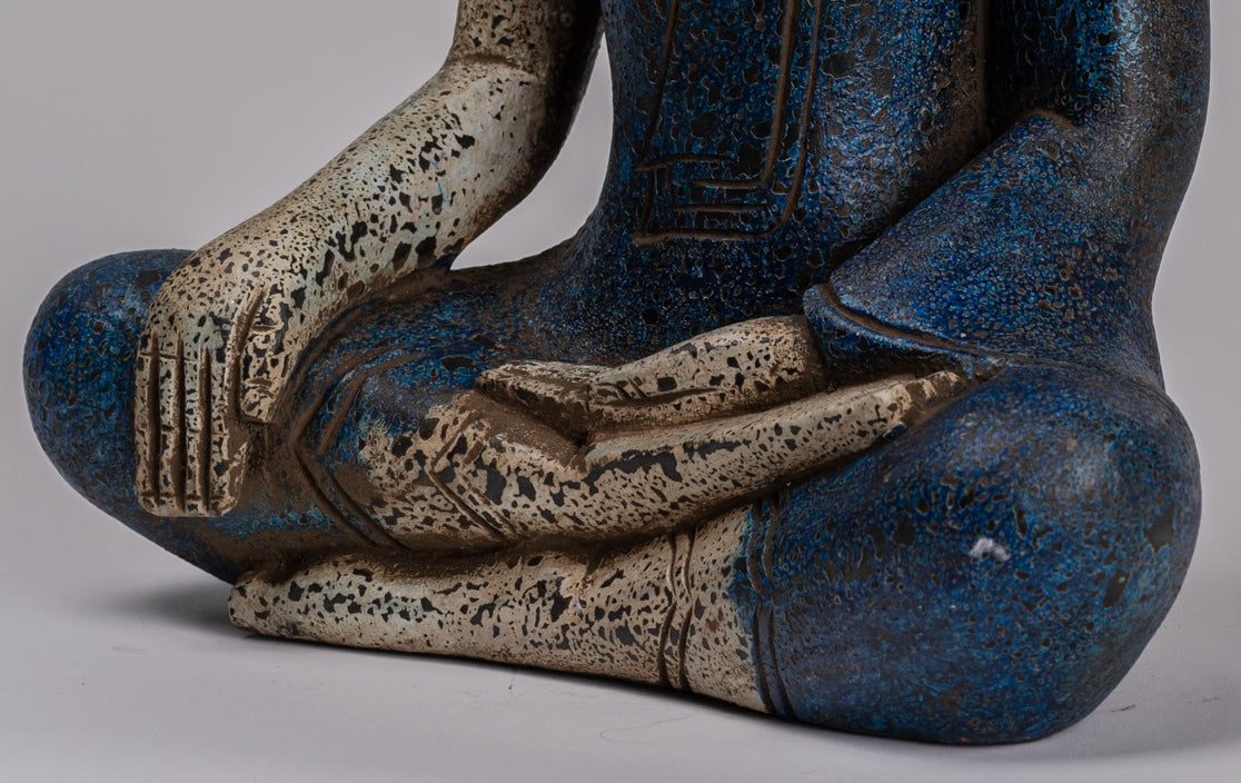 Buddha Statue - Antique Khmer Style SE Asia Seated Wood Enlightenment Buddha Statue - 32cm/13"