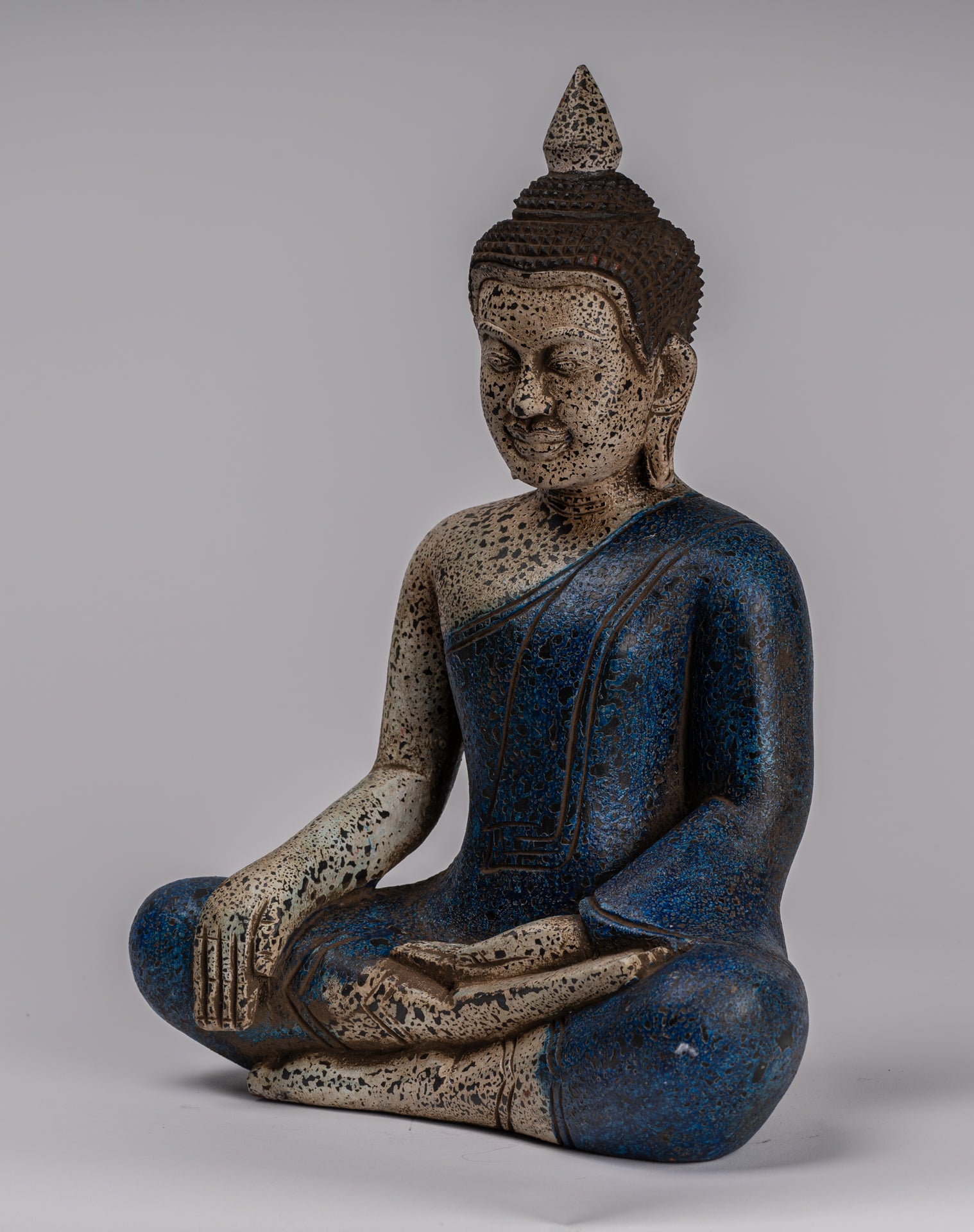 Buddha Statue - Antique Khmer Style SE Asia Seated Wood Enlightenment Buddha Statue - 32cm/13"
