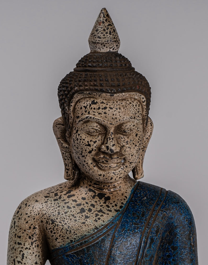 Buddha Statue - Antique Khmer Style SE Asia Seated Wood Enlightenment Buddha Statue - 32cm/13"