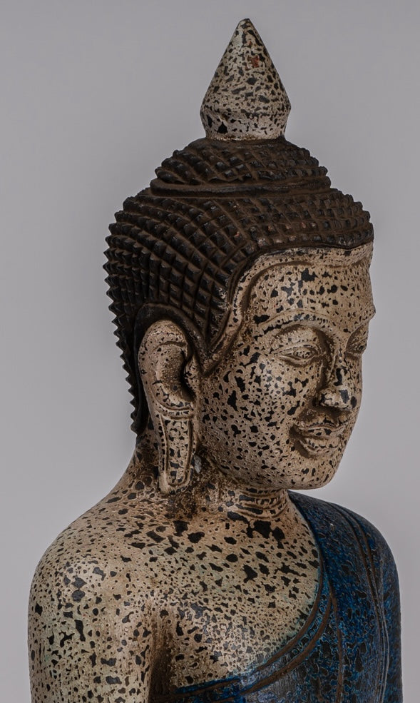 Buddha Statue - Antique Khmer Style SE Asia Seated Wood Enlightenment Buddha Statue - 32cm/13"