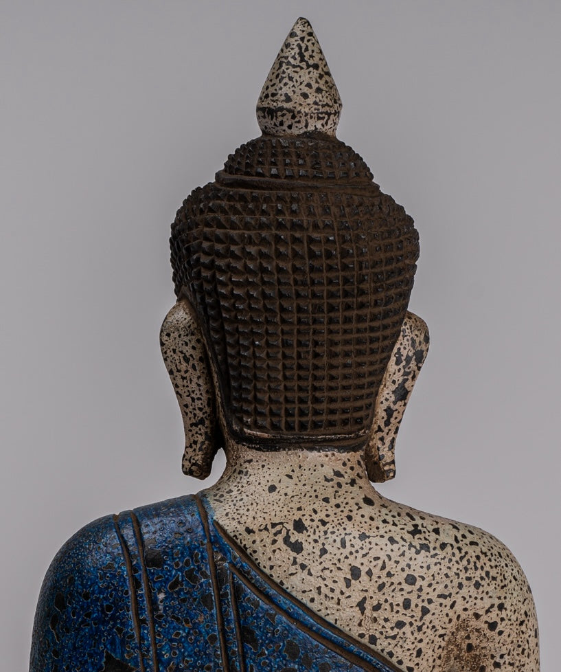 Buddha Statue - Antique Khmer Style SE Asia Seated Wood Enlightenment Buddha Statue - 32cm/13"