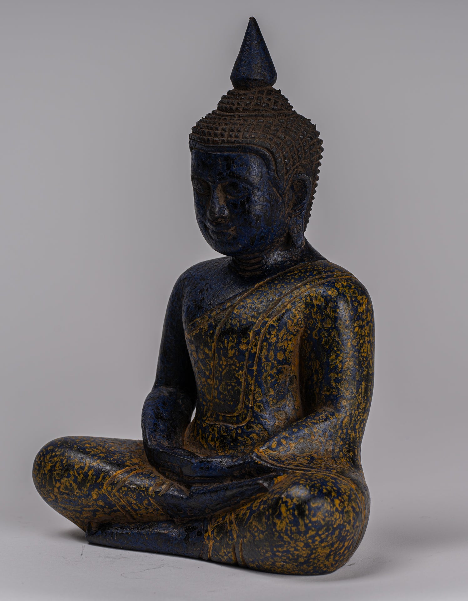 Buddha Sculpture - Antique Khmer Style Wood Seated Buddha Statue Dhyana Meditation Mudra - 22cm/9"