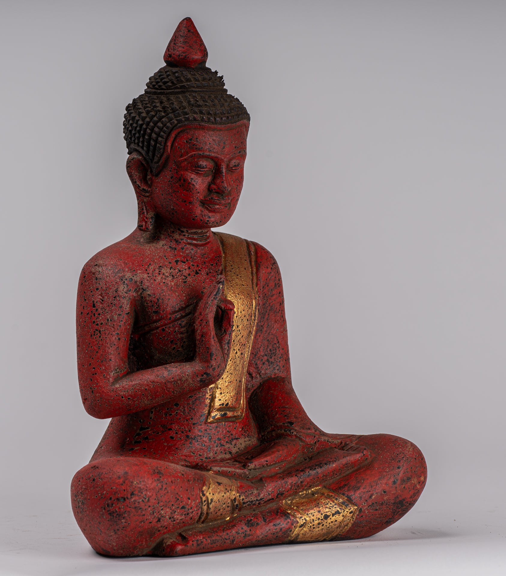 Buddha Statue - Antique Khmer Style Cambodia Seated Wood Buddha Statue Teaching Mudra - 26cm/10"