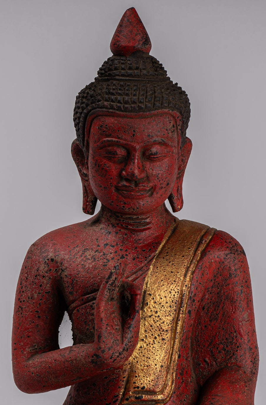 Buddha Statue - Antique Khmer Style Cambodia Seated Wood Buddha Statue Teaching Mudra - 26cm/10"