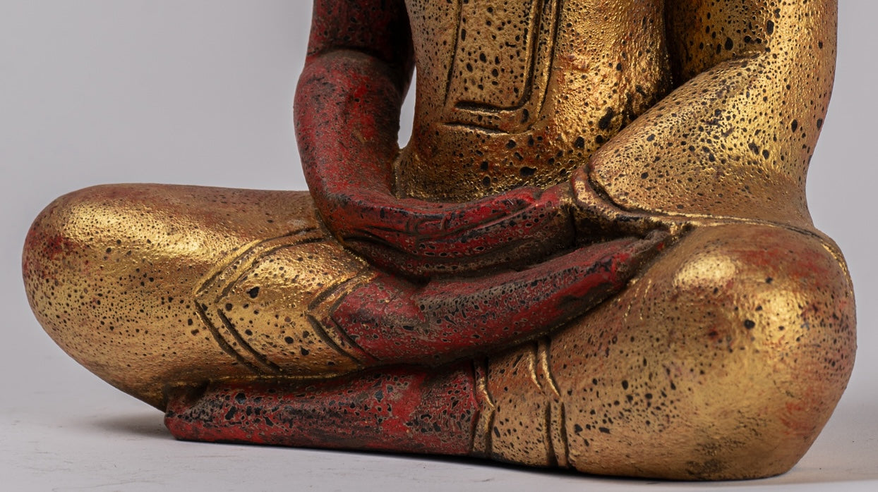 Buddha Sculpture - Antique Khmer Style Wood Seated Buddha Statue Dhyana Meditation Mudra - 27cm/11"