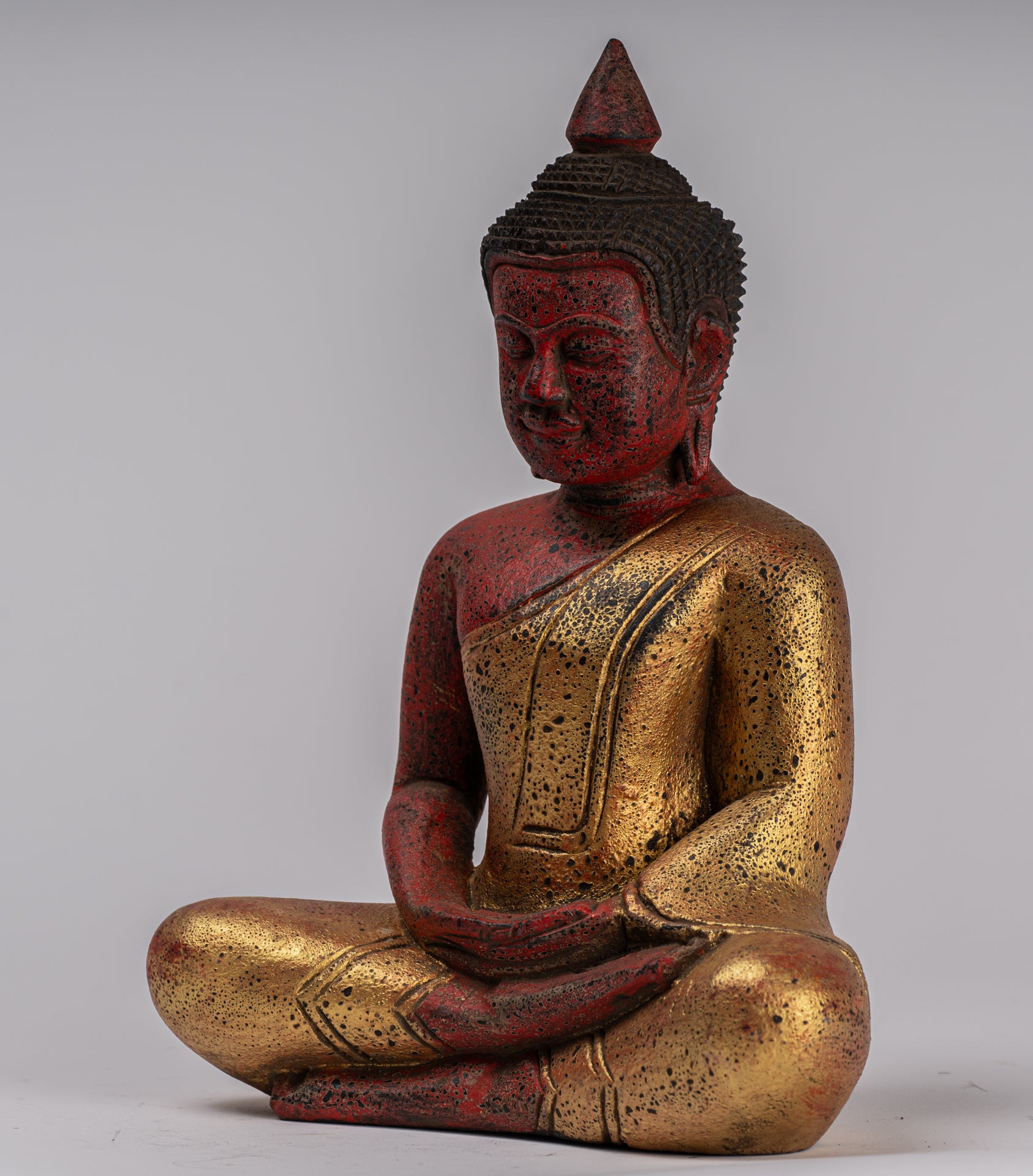 Buddha Sculpture - Antique Khmer Style Wood Seated Buddha Statue Dhyana Meditation Mudra - 27cm/11"