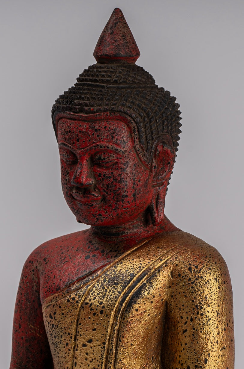 Buddha Sculpture - Antique Khmer Style Wood Seated Buddha Statue Dhyana Meditation Mudra - 27cm/11"