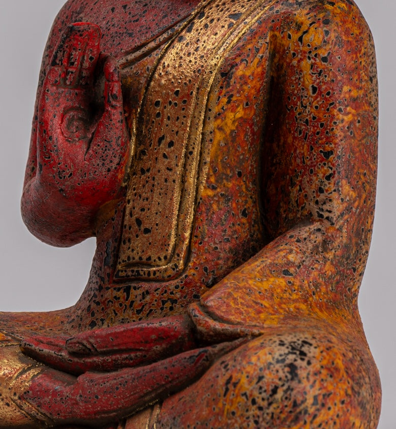 Buddha Statue - Antique Khmer Style Cambodia Seated Wood Buddha Statue Teaching Mudra - 26cm/10"