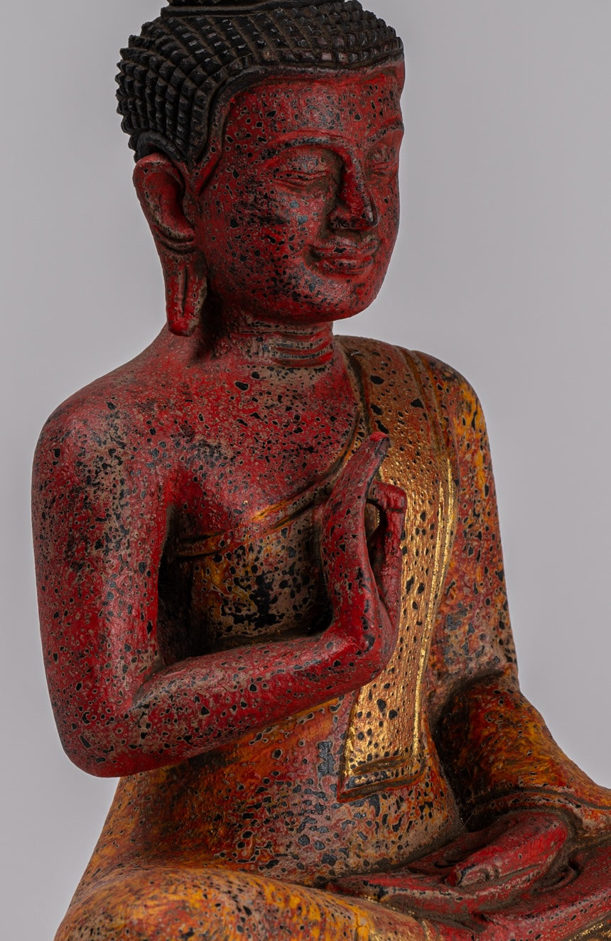 Buddha Statue - Antique Khmer Style Cambodia Seated Wood Buddha Statue Teaching Mudra - 26cm/10"