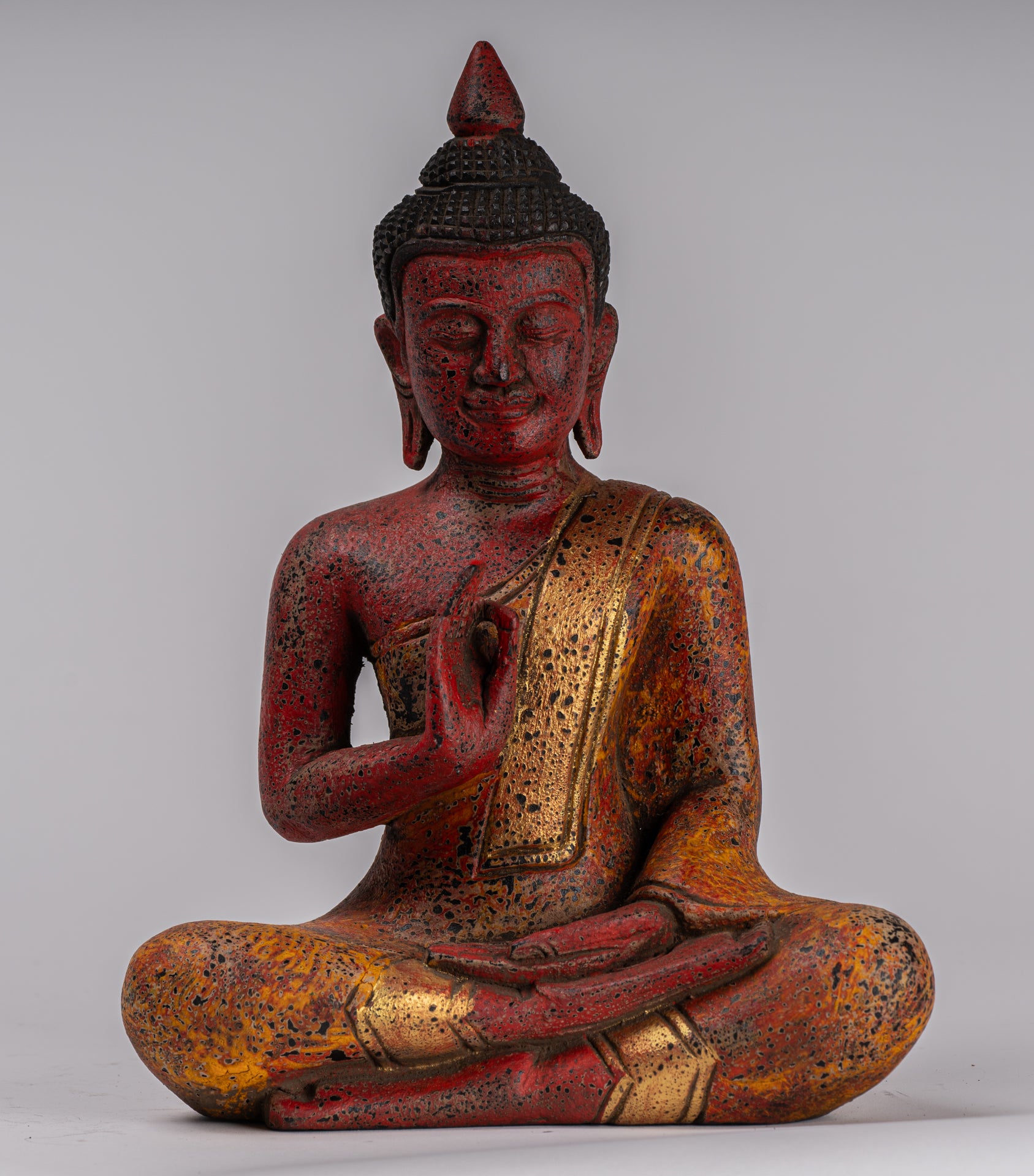 Buddha Statue - Antique Khmer Style Cambodia Seated Wood Buddha Statue Teaching Mudra - 26cm/10"