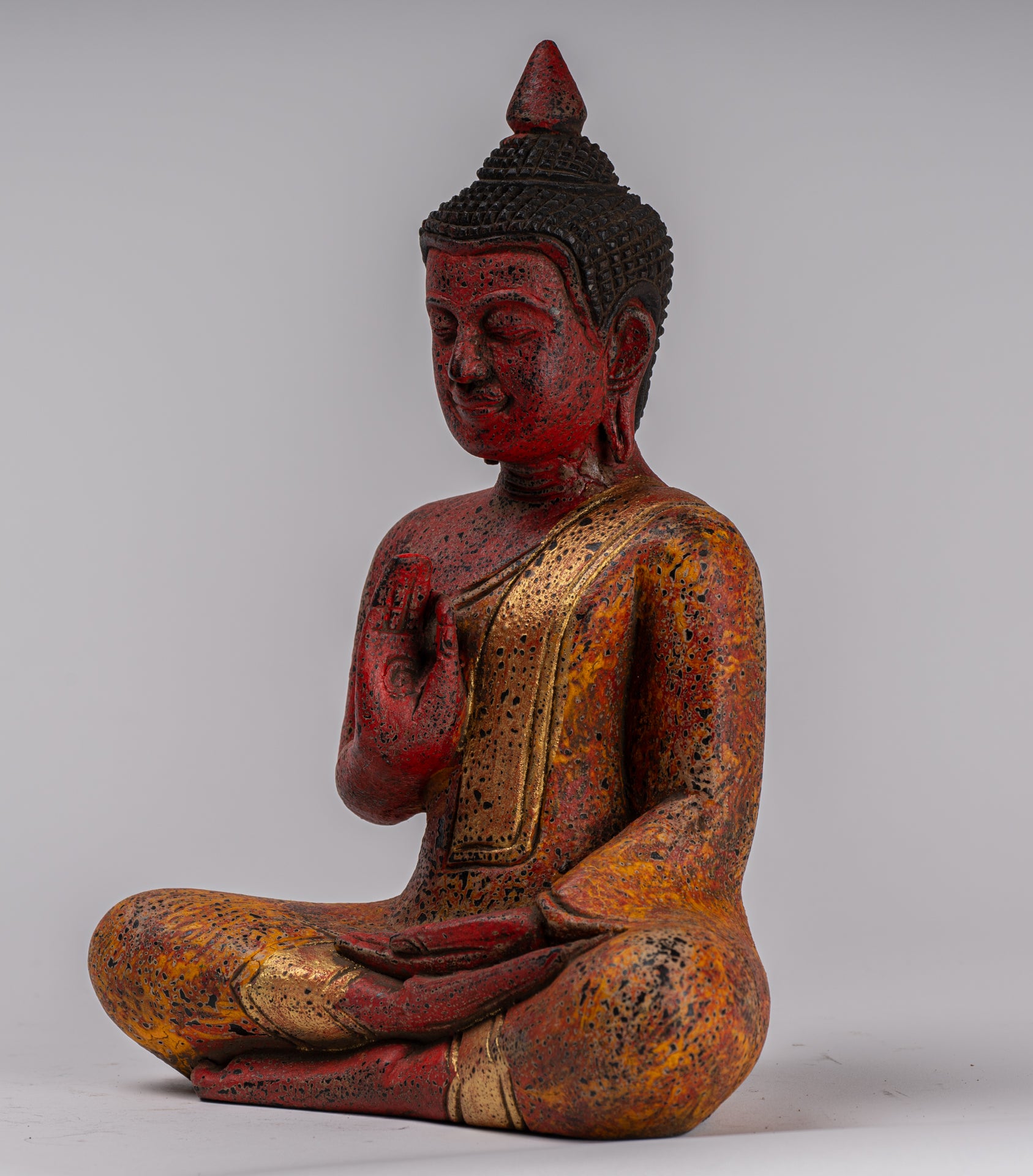 Buddha Statue - Antique Khmer Style Cambodia Seated Wood Buddha Statue Teaching Mudra - 26cm/10"