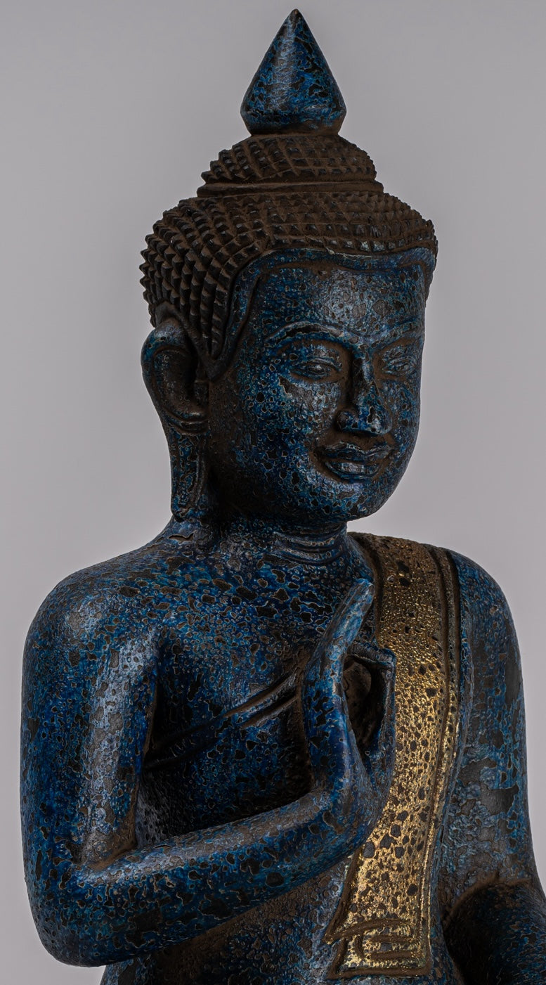 Buddha Statue - Antique Khmer Style Cambodia Seated Wood Buddha Statue Teaching Mudra - 32cm/13"