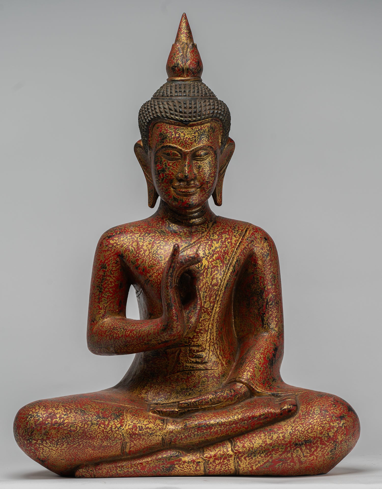 Buddha Statue - Antique Khmer Style Cambodia Seated Wood Buddha Statue Teaching Mudra - 55cm/22"