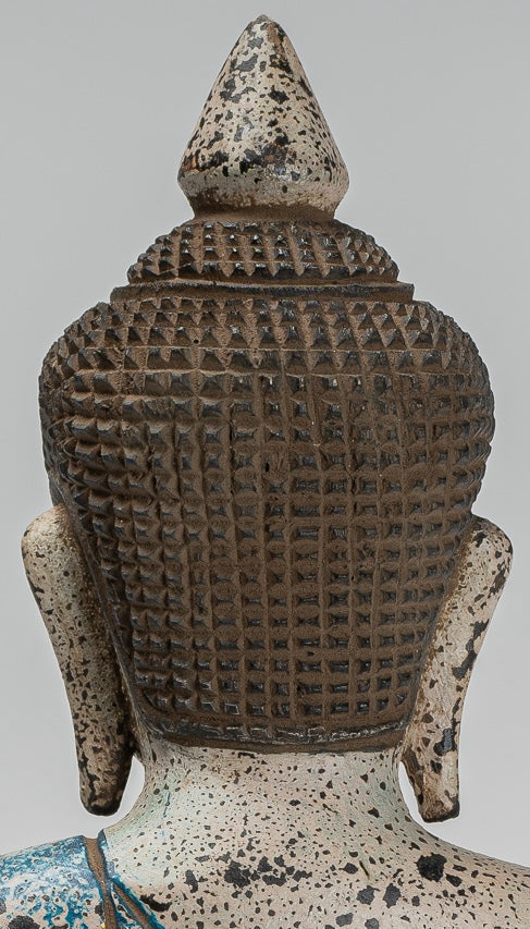 Buddha Sculpture - Antique Khmer Style Wood Seated Buddha Statue Dhyana Meditation Mudra - 27cm/11"