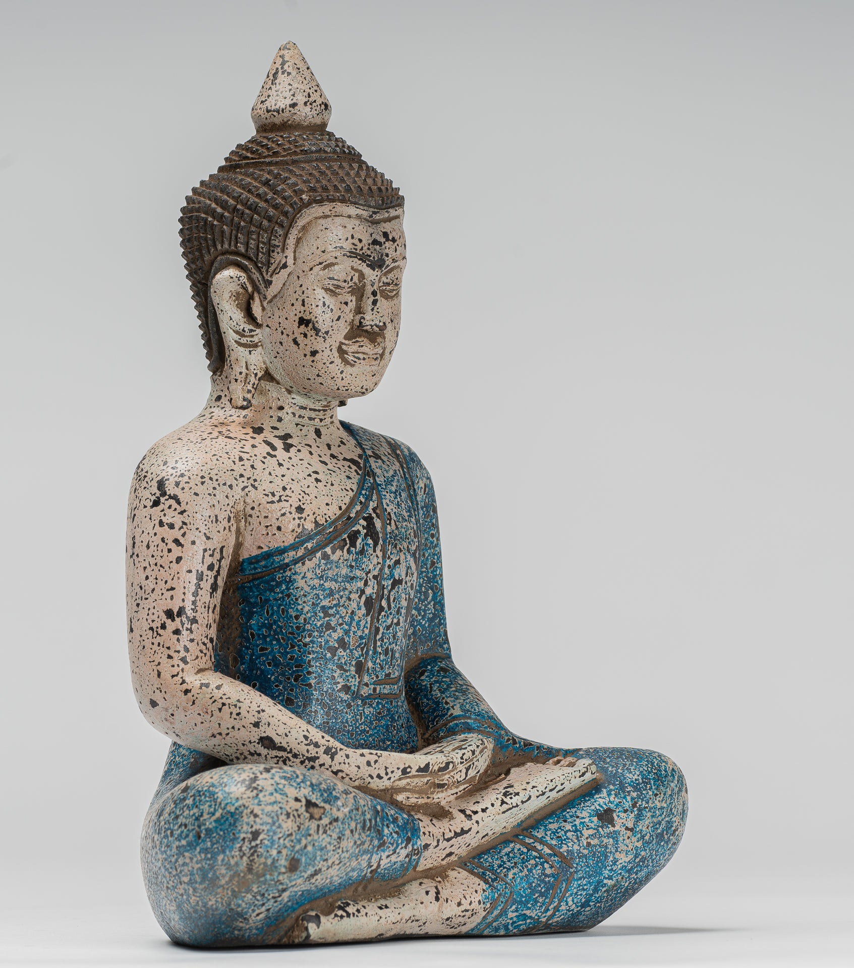 Buddha Sculpture - Antique Khmer Style Wood Seated Buddha Statue Dhyana Meditation Mudra - 27cm/11"