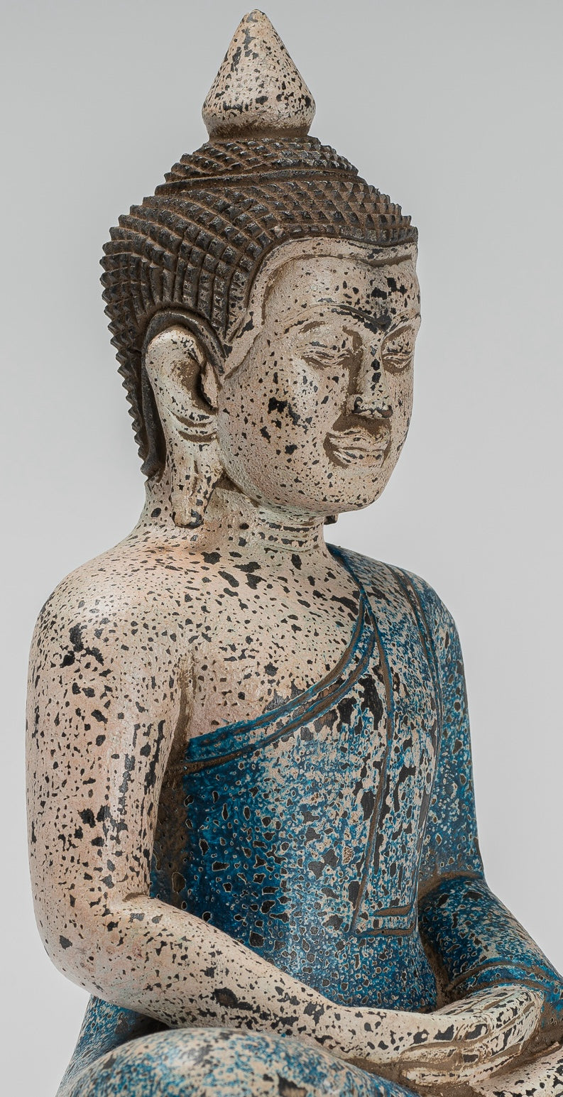 Buddha Sculpture - Antique Khmer Style Wood Seated Buddha Statue Dhyana Meditation Mudra - 27cm/11"
