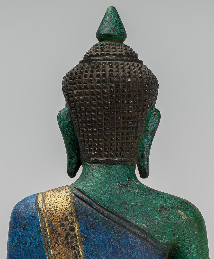 Buddha Statue - Antique Khmer Style SE Asia Seated Wood Enlightenment Buddha Statue - 27cm/11"