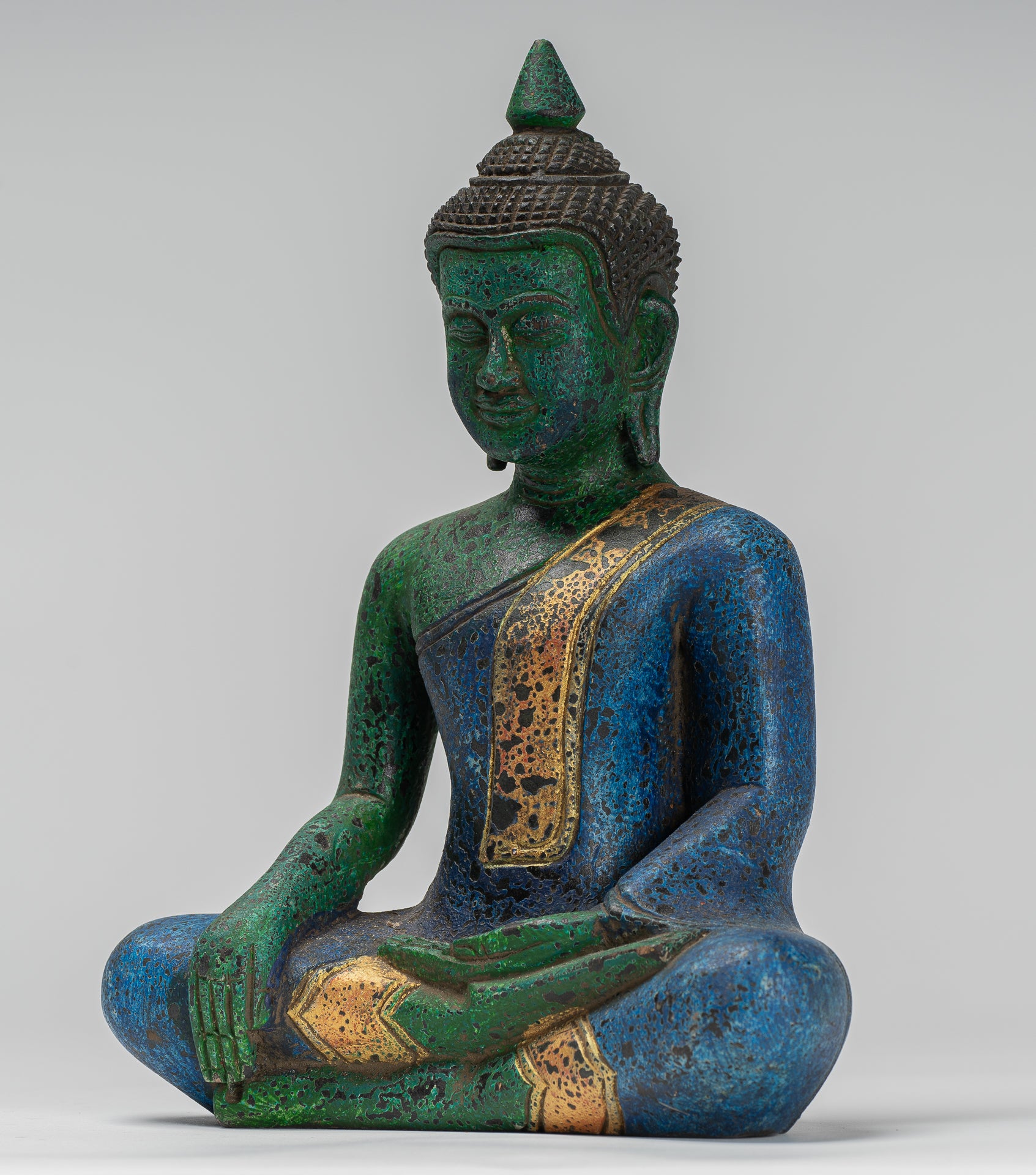 Buddha Statue - Antique Khmer Style SE Asia Seated Wood Enlightenment Buddha Statue - 27cm/11"
