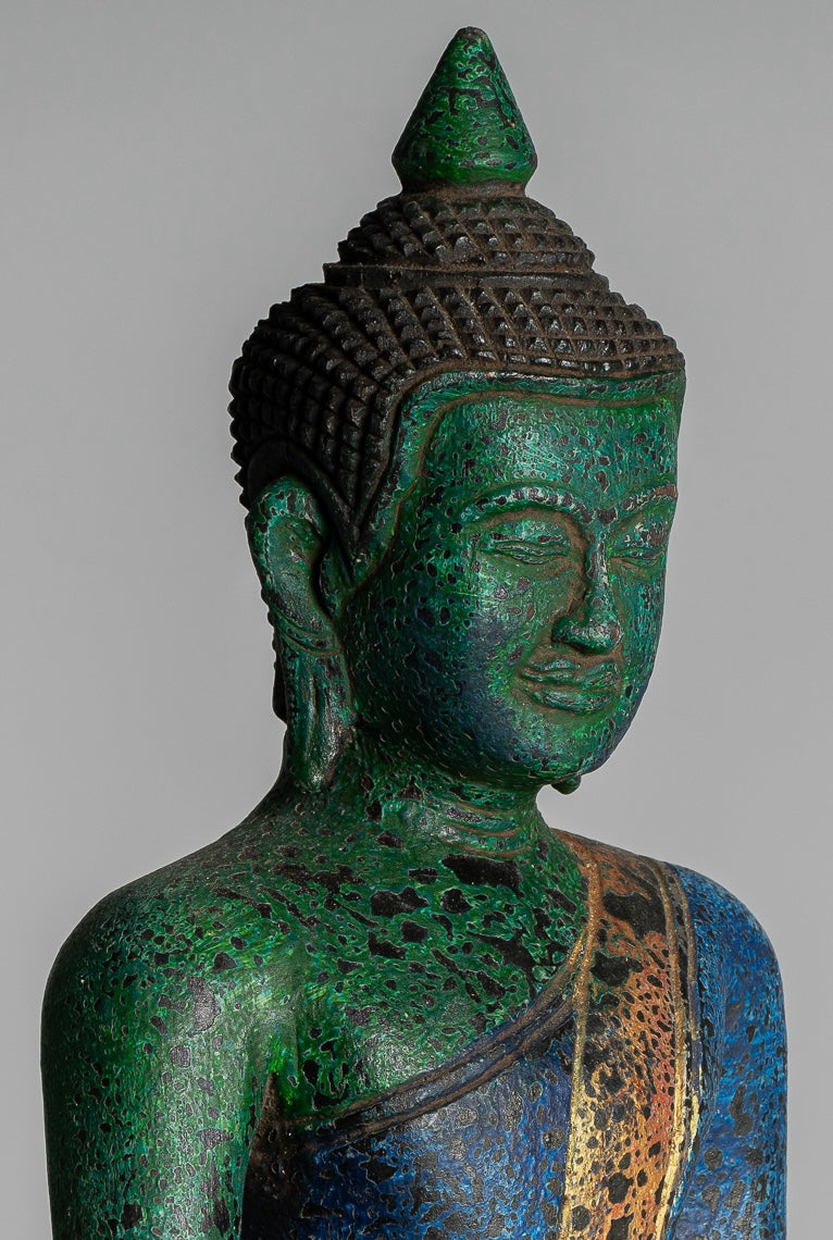 Buddha Statue - Antique Khmer Style SE Asia Seated Wood Enlightenment Buddha Statue - 27cm/11"