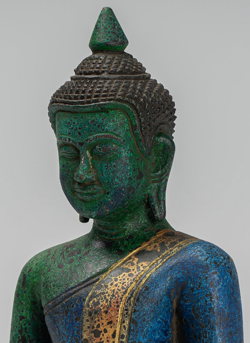 Buddha Statue - Antique Khmer Style SE Asia Seated Wood Enlightenment Buddha Statue - 27cm/11"