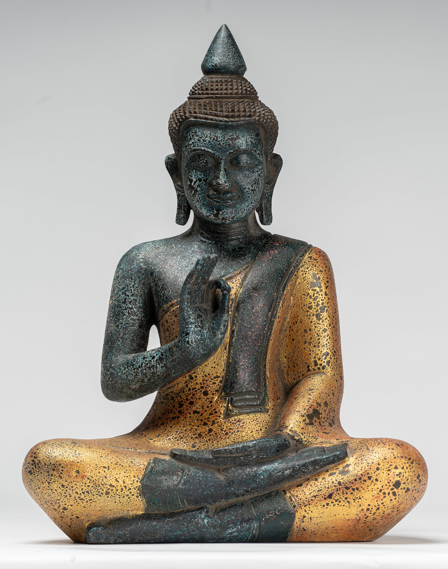 Buddha Statue - Antique Khmer Style Cambodia Seated Wood Buddha Statue Teaching Mudra - 39cm/16"