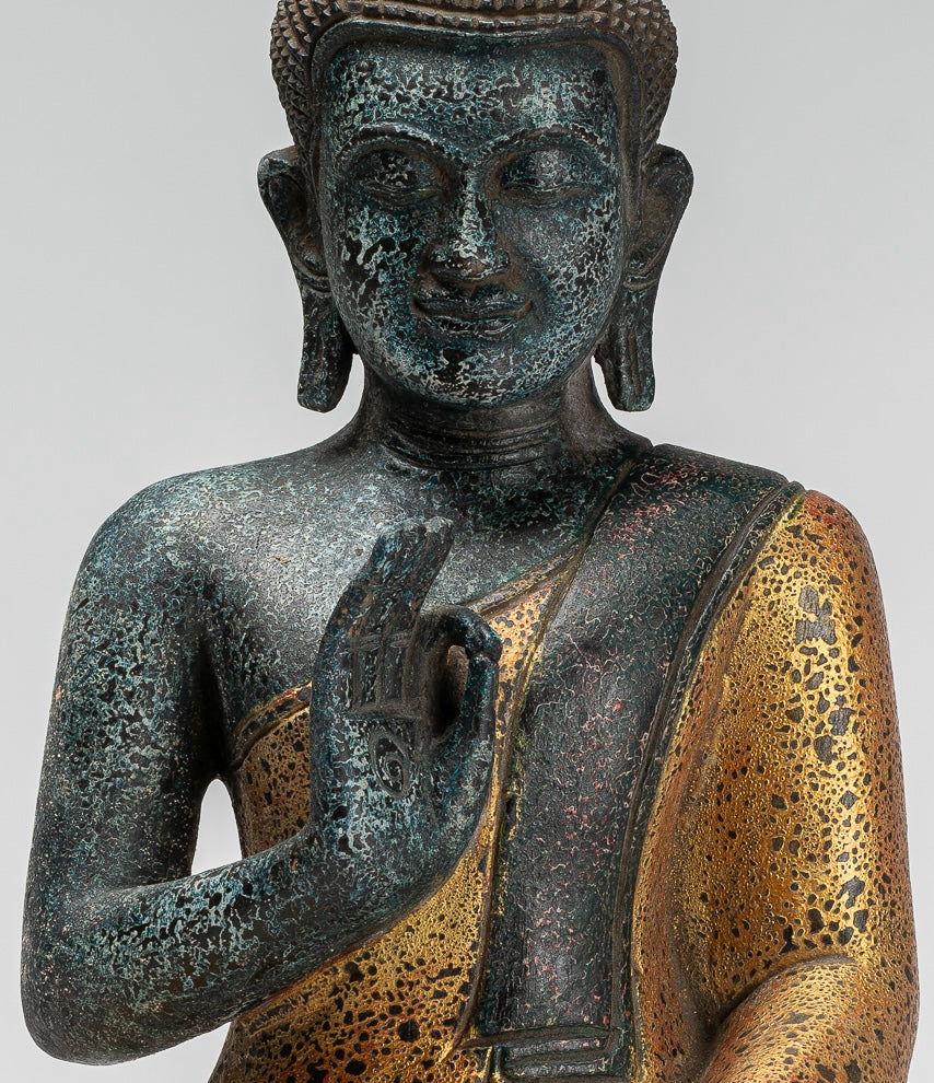 Buddha Statue - Antique Khmer Style Cambodia Seated Wood Buddha Statue Teaching Mudra - 39cm/16"