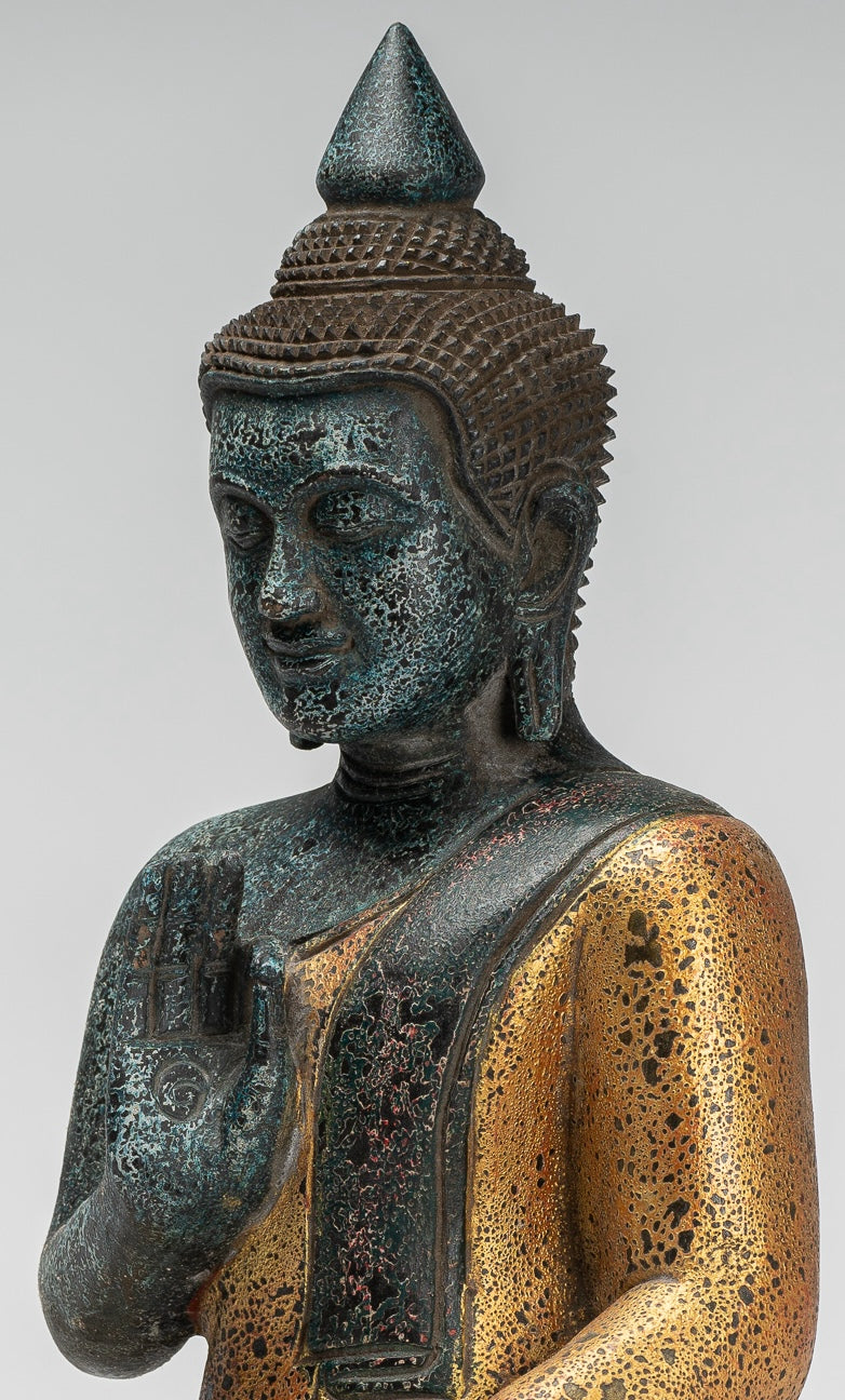 Buddha Statue - Antique Khmer Style Cambodia Seated Wood Buddha Statue Teaching Mudra - 39cm/16"