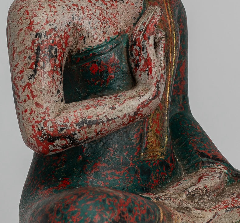 Buddha Statue - Antique Khmer Style Cambodia Seated Wood Buddha Statue Teaching Mudra - 27cm/11"