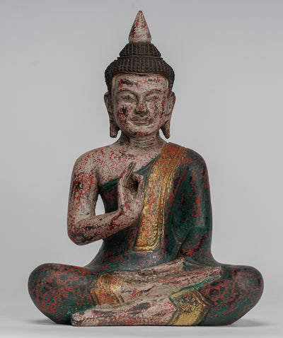 Buddha Statue - Antique Khmer Style Cambodia Seated Wood Buddha Statue Teaching Mudra - 27cm/11"