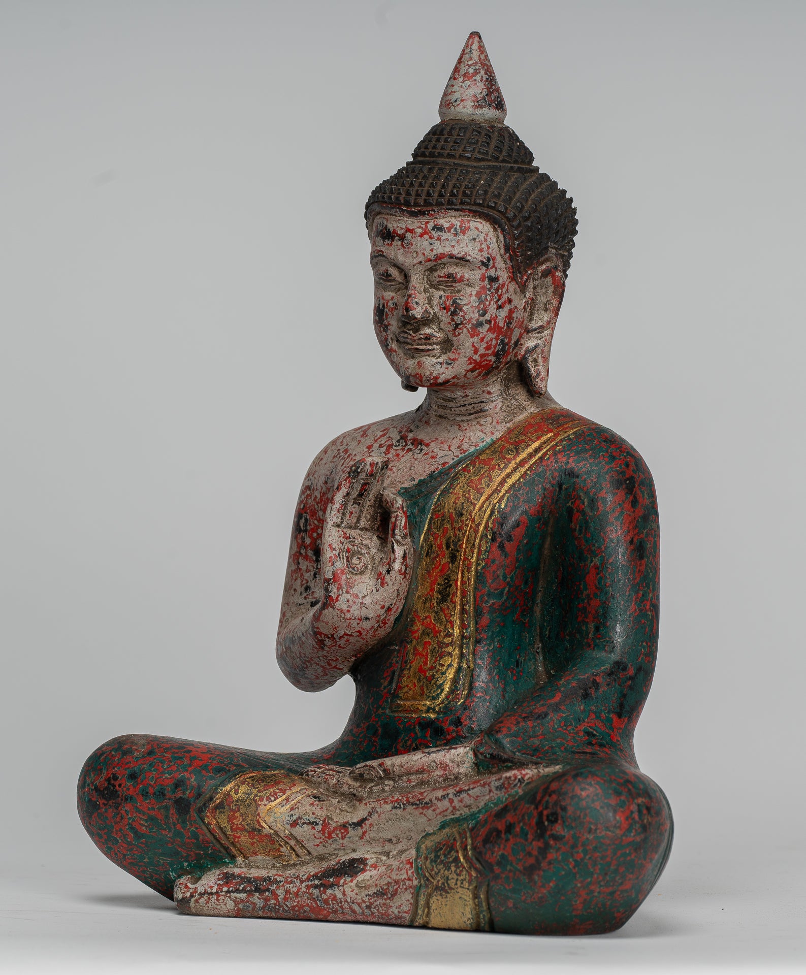 Buddha Statue - Antique Khmer Style Cambodia Seated Wood Buddha Statue Teaching Mudra - 27cm/11"