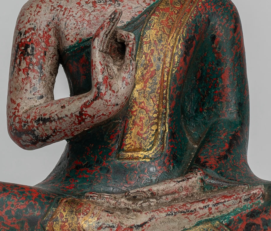 Buddha Statue - Antique Khmer Style Cambodia Seated Wood Buddha Statue Teaching Mudra - 27cm/11"