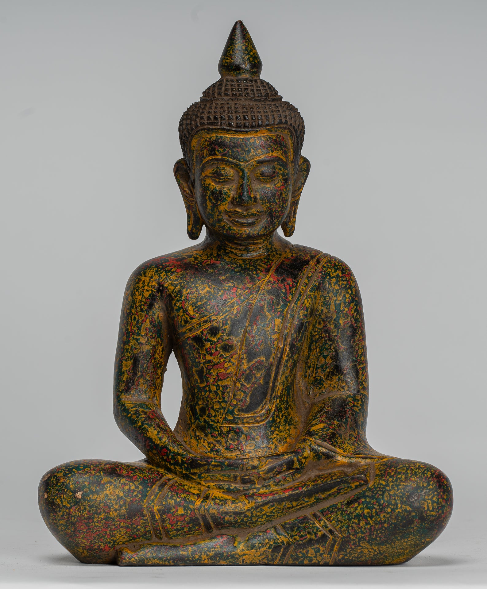 Buddha Sculpture - Antique Khmer Style Wood Seated Buddha Statue Dhyana Meditation Mudra - 27cm/11"