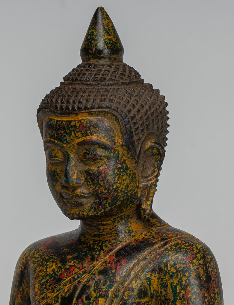 Buddha Sculpture - Antique Khmer Style Wood Seated Buddha Statue Dhyana Meditation Mudra - 27cm/11"