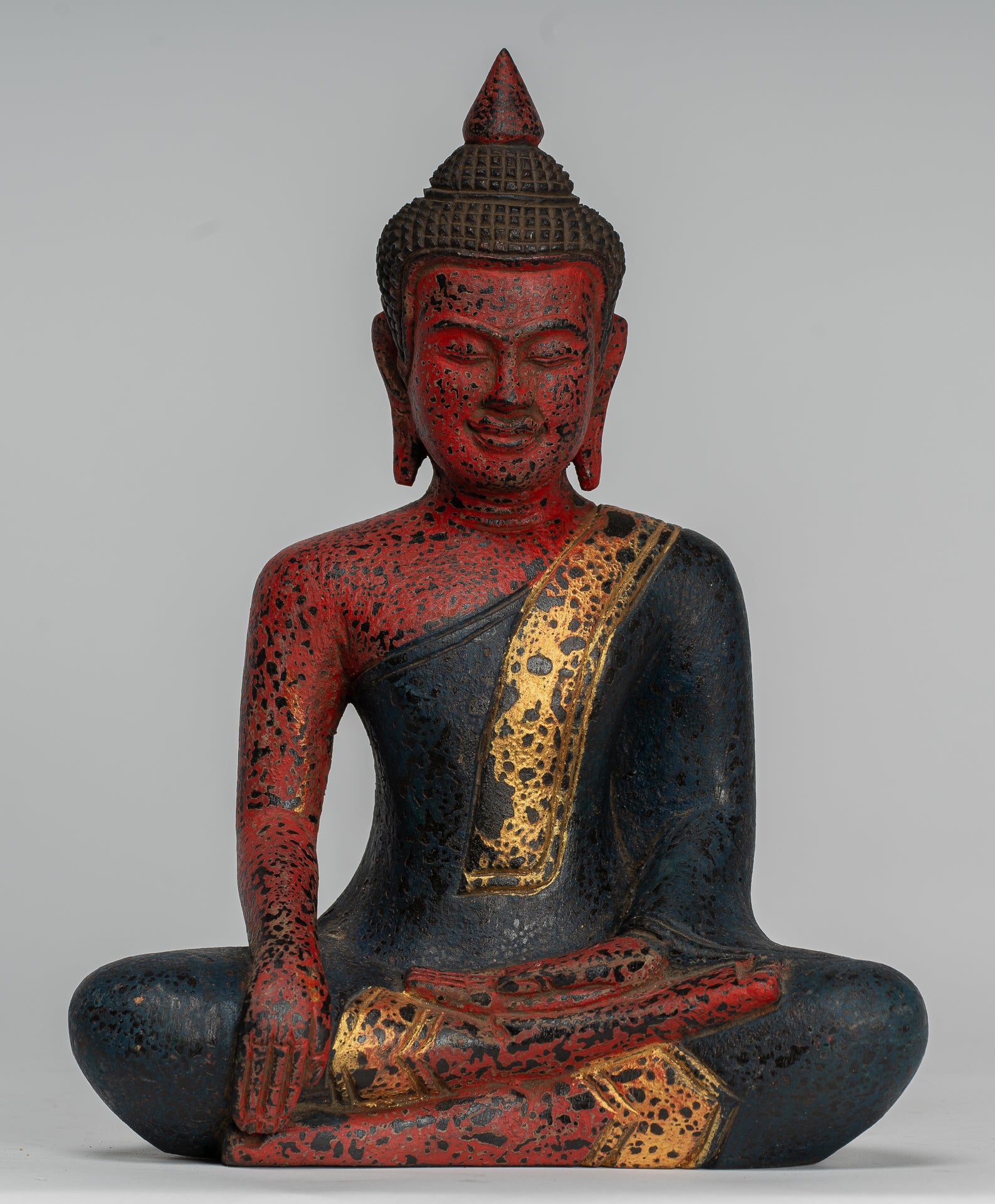 Buddha Statue - Antique Khmer Style SE Asia Seated Wood Enlightenment Buddha Statue - 27cm/11"