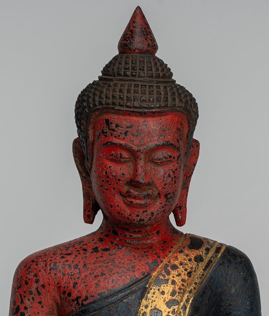Buddha Statue - Antique Khmer Style SE Asia Seated Wood Enlightenment Buddha Statue - 27cm/11"