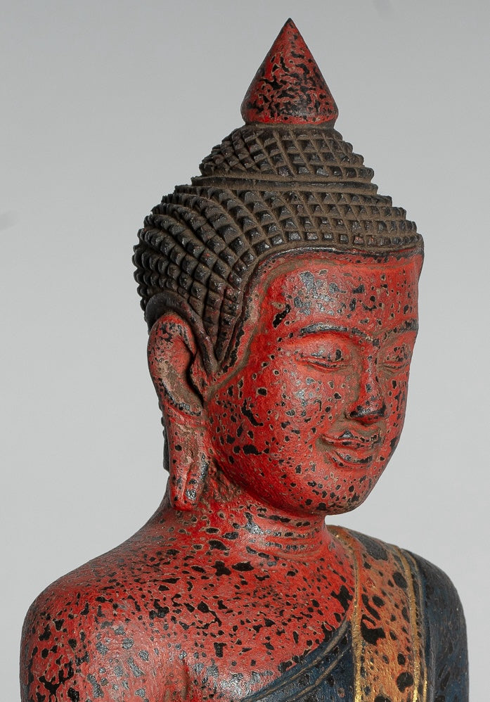 Buddha Statue - Antique Khmer Style SE Asia Seated Wood Enlightenment Buddha Statue - 27cm/11"