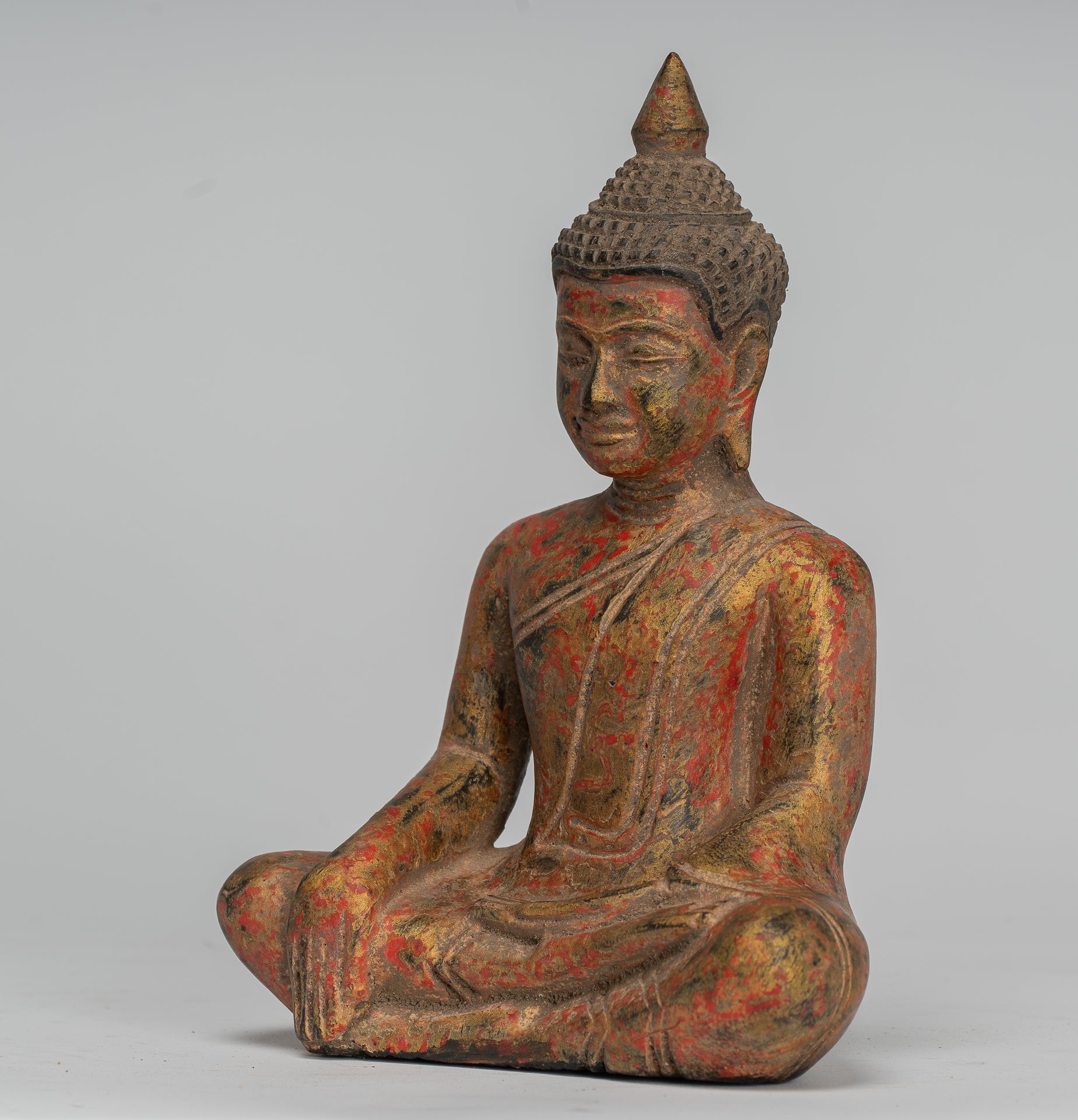 Buddha Statue - Antique Khmer Style SE Asia Seated Wood Enlightenment Buddha Statue - 21cm/8"