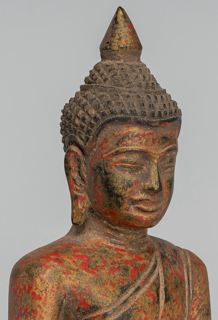Buddha Statue - Antique Khmer Style SE Asia Seated Wood Enlightenment Buddha Statue - 21cm/8"